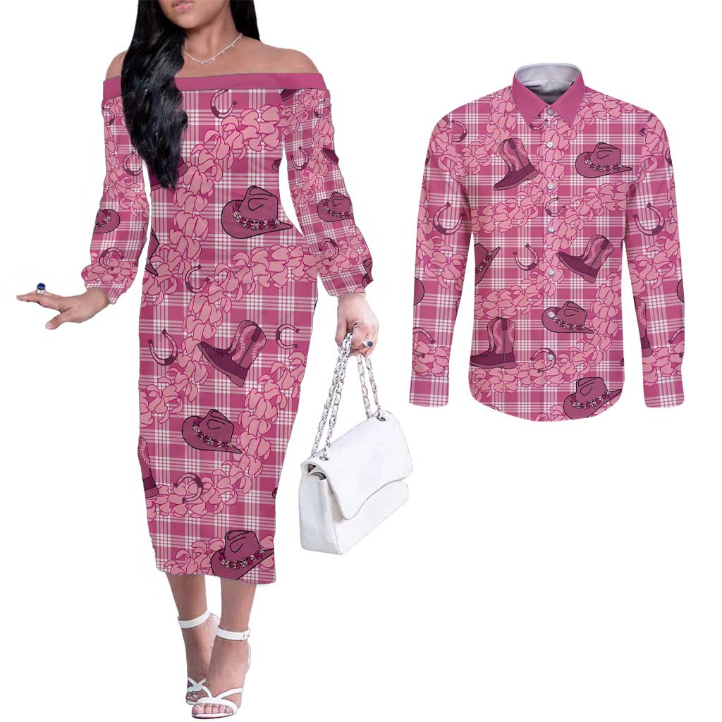 Pink Palaka Hawaii Cowboy Couples Matching Off The Shoulder Long Sleeve Dress and Long Sleeve Button Shirt Puakenikeni Lei Paniolo Papale Seamless Vibes LT14 Pink - Polynesian Pride