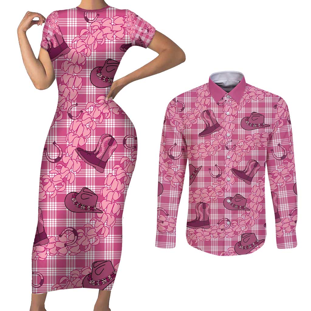 Pink Palaka Hawaii Cowboy Couples Matching Short Sleeve Bodycon Dress and Long Sleeve Button Shirt Puakenikeni Lei Paniolo Papale Seamless Vibes LT14 Pink - Polynesian Pride