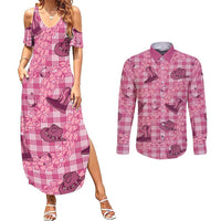 Pink Palaka Hawaii Cowboy Couples Matching Summer Maxi Dress and Long Sleeve Button Shirt Puakenikeni Lei Paniolo Papale Seamless Vibes LT14 Pink - Polynesian Pride
