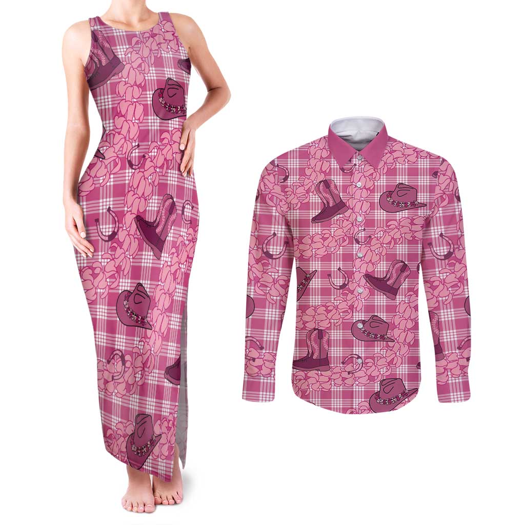 Pink Palaka Hawaii Cowboy Couples Matching Tank Maxi Dress and Long Sleeve Button Shirt Puakenikeni Lei Paniolo Papale Seamless Vibes - Polynesian Pride