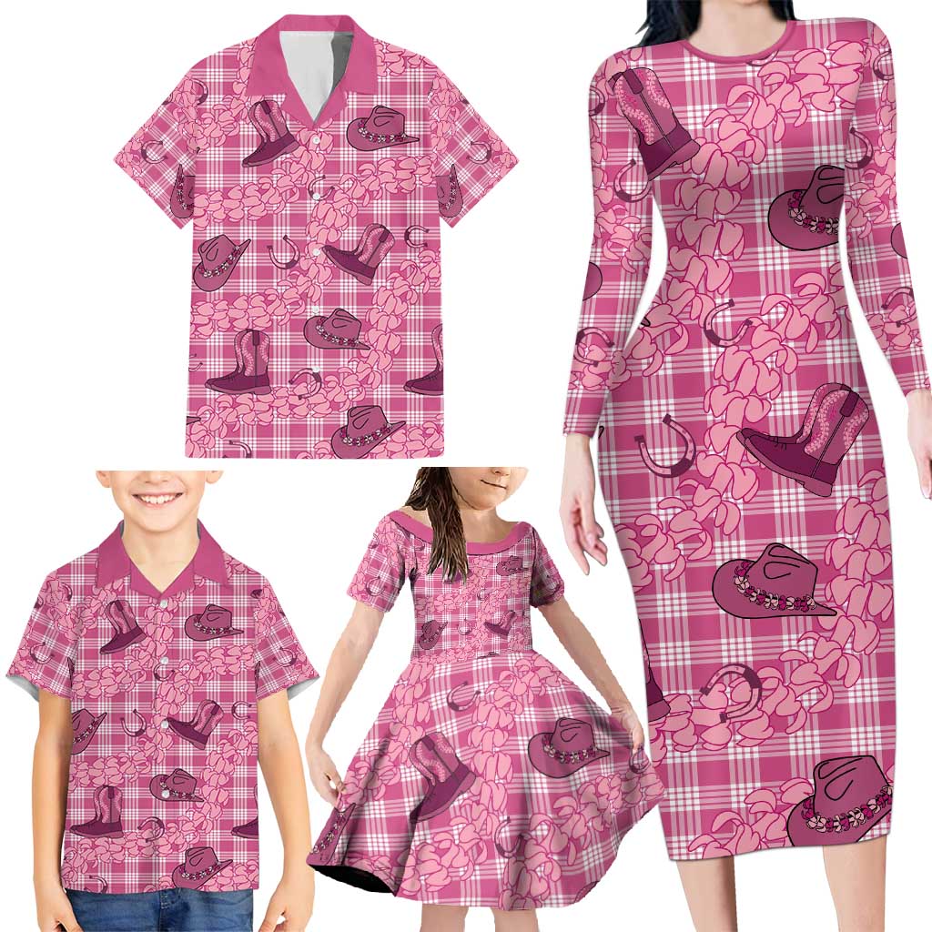 Pink Palaka Hawaii Cowboy Family Matching Long Sleeve Bodycon Dress and Hawaiian Shirt Puakenikeni Lei Paniolo Papale Seamless Vibes LT14 - Polynesian Pride