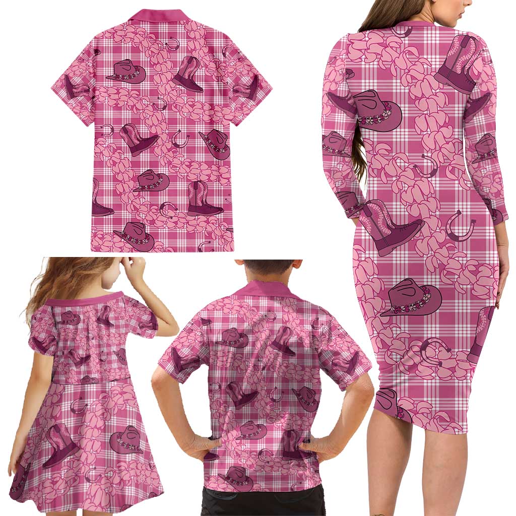 Pink Palaka Hawaii Cowboy Family Matching Long Sleeve Bodycon Dress and Hawaiian Shirt Puakenikeni Lei Paniolo Papale Seamless Vibes LT14 - Polynesian Pride