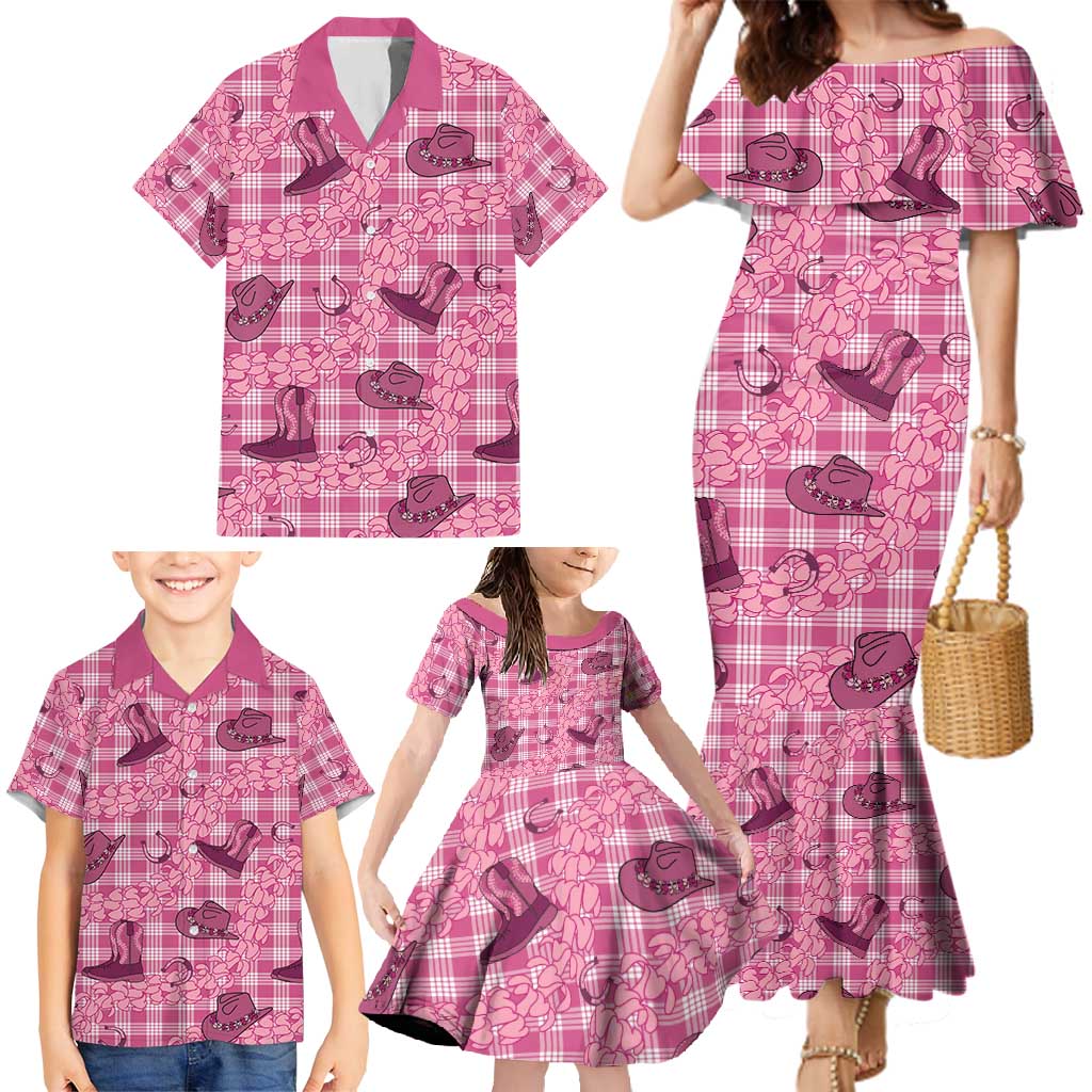 Pink Palaka Hawaii Cowboy Family Matching Mermaid Dress and Hawaiian Shirt Puakenikeni Lei Paniolo Papale Seamless Vibes LT14 - Polynesian Pride