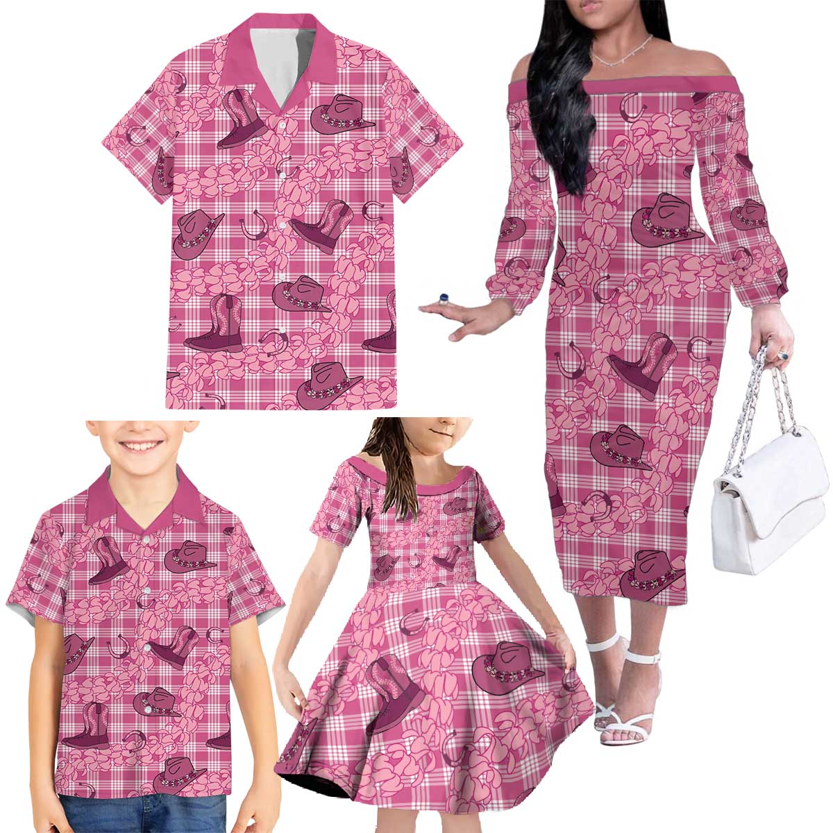 Pink Palaka Hawaii Cowboy Family Matching Off The Shoulder Long Sleeve Dress and Hawaiian Shirt Puakenikeni Lei Paniolo Papale Seamless Vibes - Polynesian Pride
