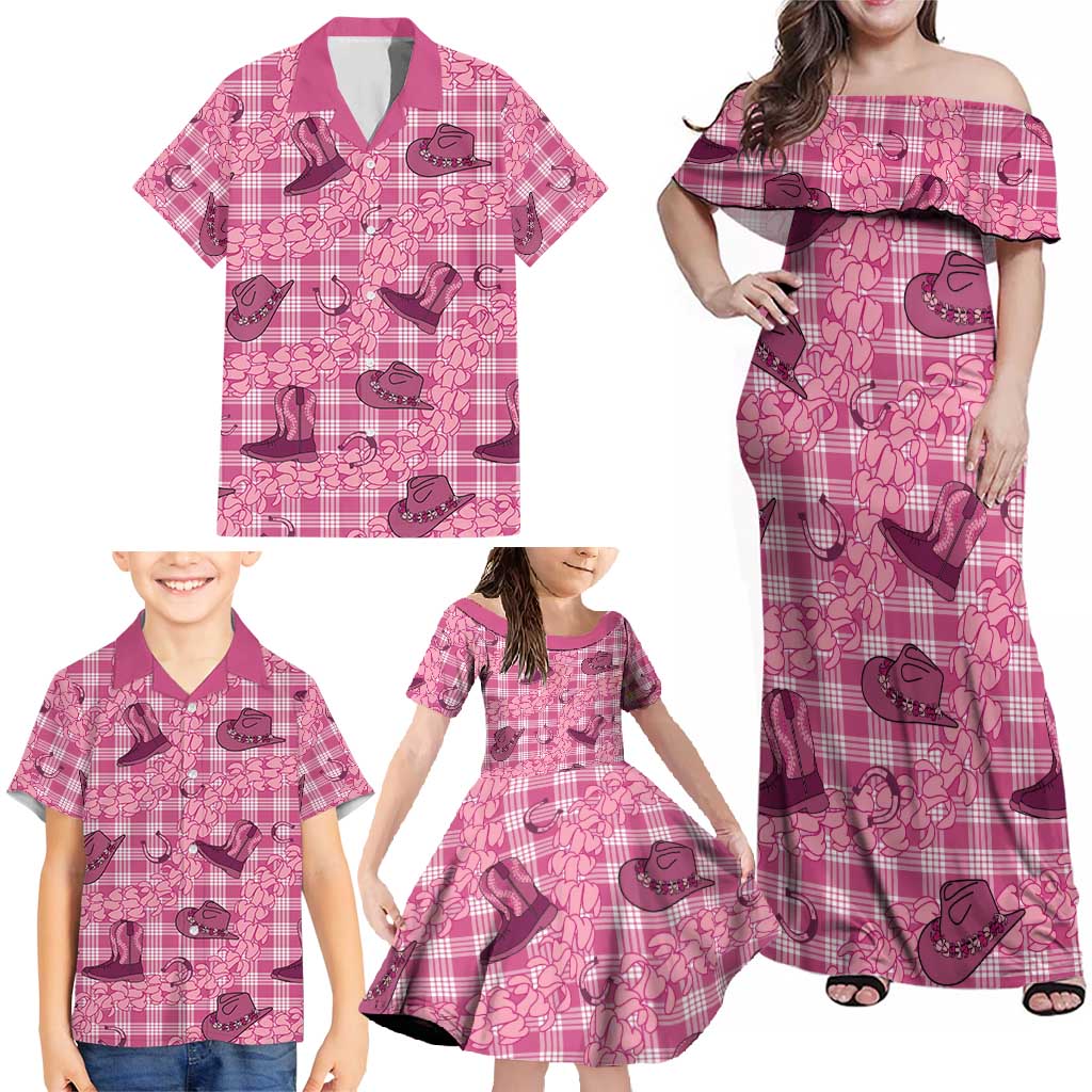 Pink Palaka Hawaii Cowboy Family Matching Off Shoulder Maxi Dress and Hawaiian Shirt Puakenikeni Lei Paniolo Papale Seamless Vibes - Polynesian Pride