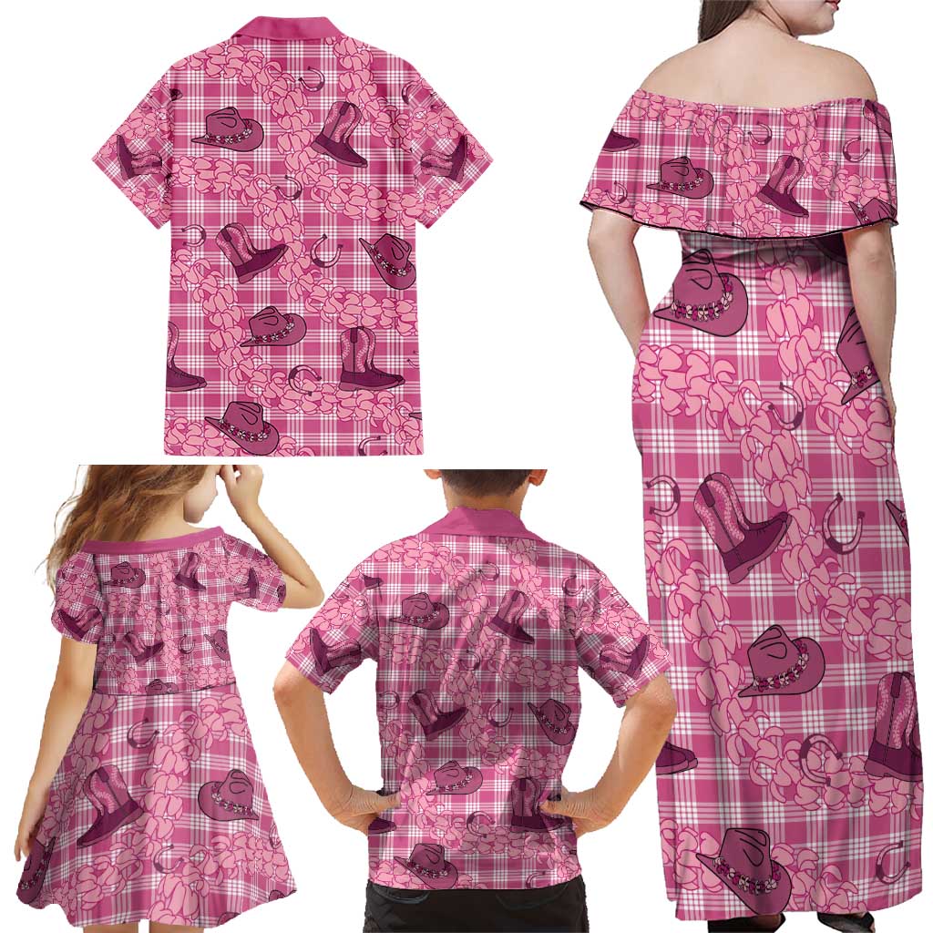 Pink Palaka Hawaii Cowboy Family Matching Off Shoulder Maxi Dress and Hawaiian Shirt Puakenikeni Lei Paniolo Papale Seamless Vibes LT14 - Polynesian Pride
