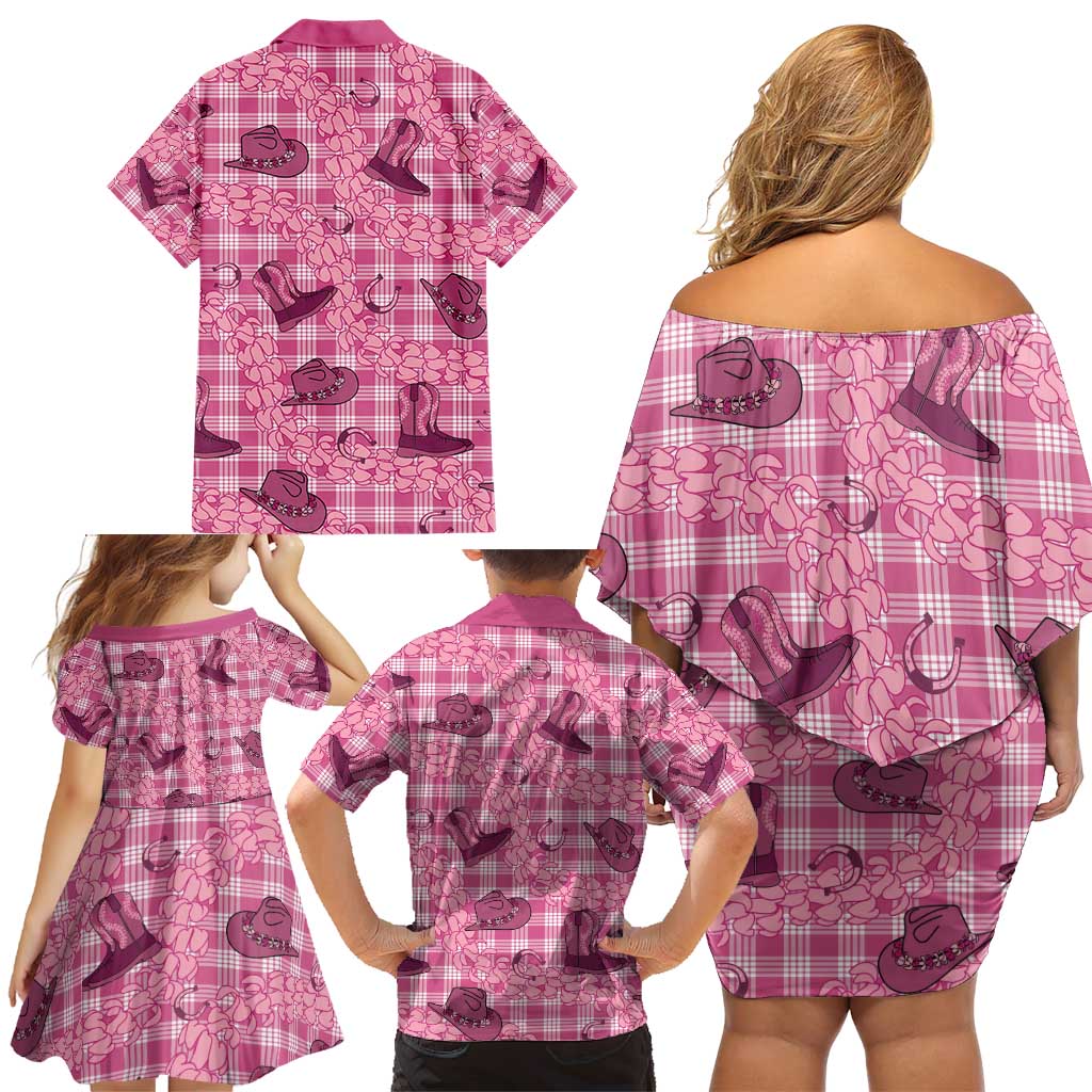 Pink Palaka Hawaii Cowboy Family Matching Off Shoulder Short Dress and Hawaiian Shirt Puakenikeni Lei Paniolo Papale Seamless Vibes LT14 - Polynesian Pride