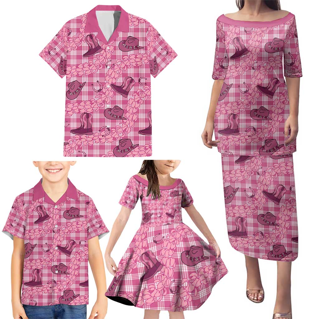Pink Palaka Hawaii Cowboy Family Matching Puletasi and Hawaiian Shirt Puakenikeni Lei Paniolo Papale Seamless Vibes - Polynesian Pride