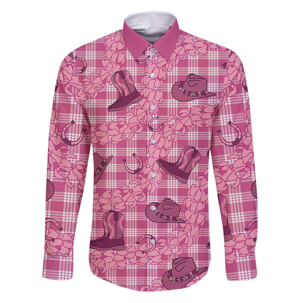 Pink Palaka Hawaii Cowboy Family Matching Puletasi and Hawaiian Shirt Puakenikeni Lei Paniolo Papale Seamless Vibes LT14 Dad's Shirt - Long Sleeve Pink - Polynesian Pride