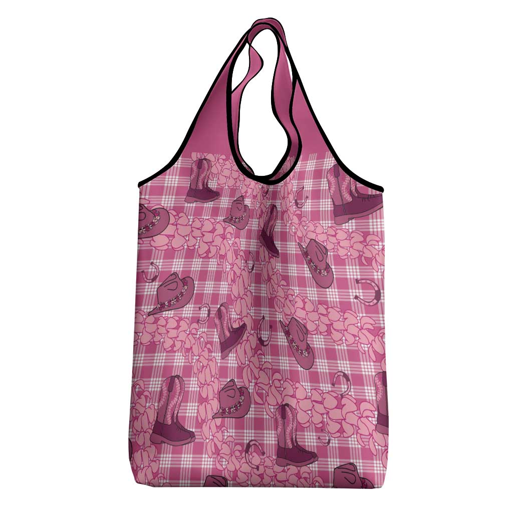 Pink Palaka Hawaii Cowboy Grocery Bag Puakenikeni Lei Paniolo Papale Seamless Vibes - Polynesian Pride