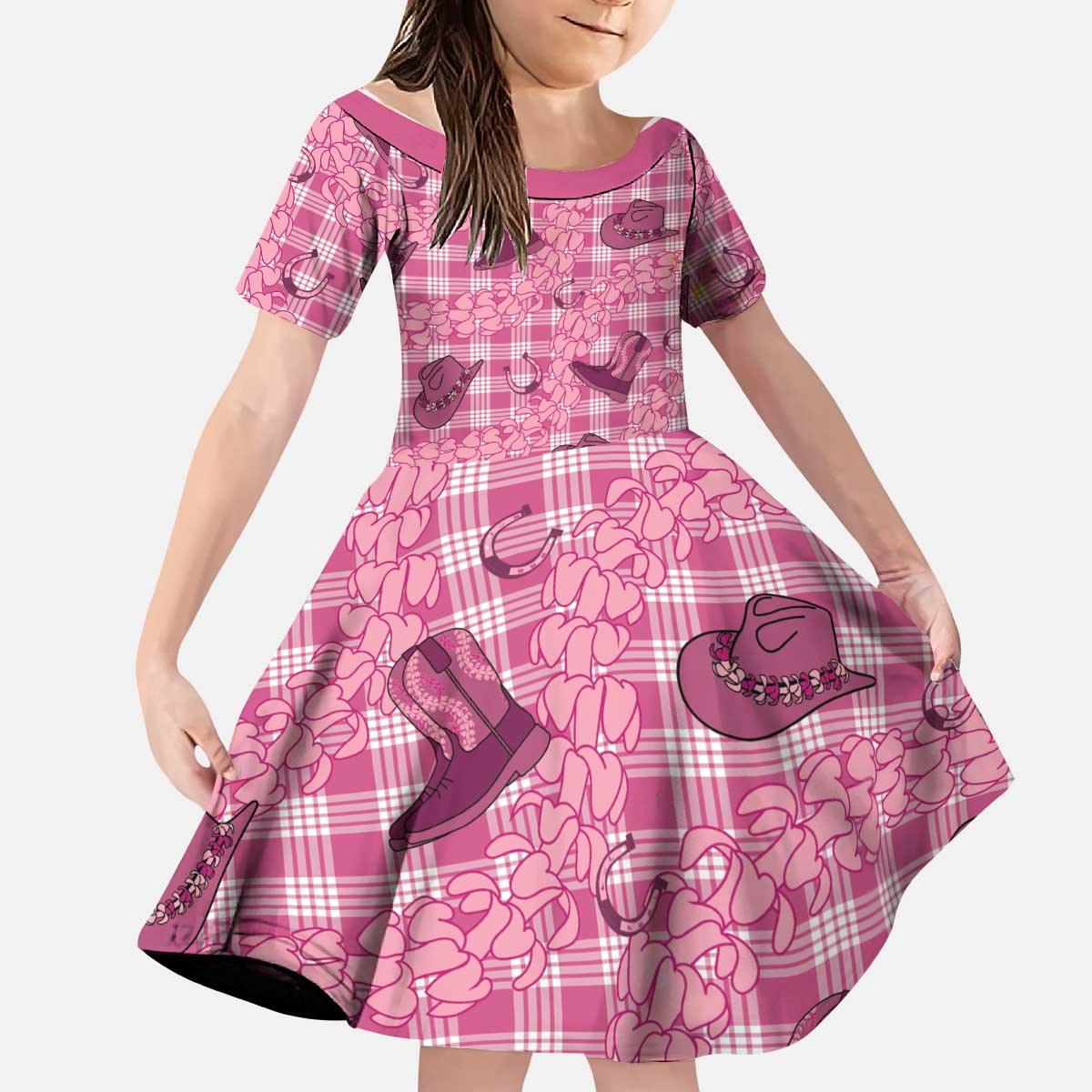 Pink Palaka Hawaii Cowboy Kid Short Sleeve Dress Puakenikeni Lei Paniolo Papale Seamless Vibes - Polynesian Pride
