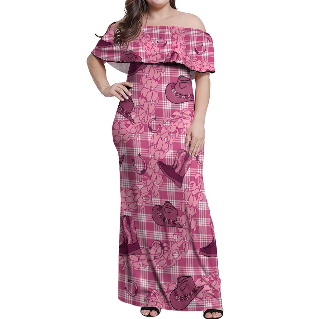 Pink Palaka Hawaii Cowboy Off Shoulder Maxi Dress Puakenikeni Lei Paniolo Papale Seamless Vibes - Polynesian Pride