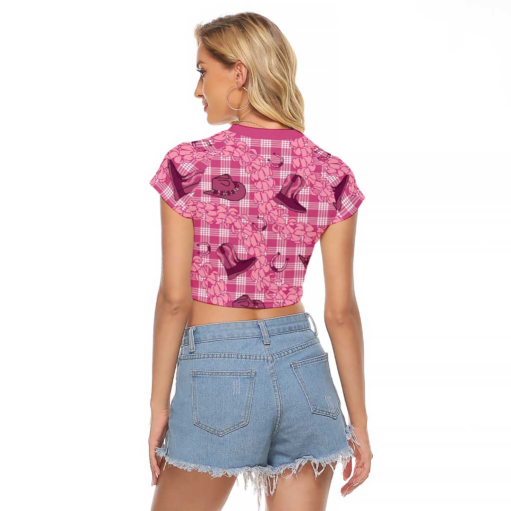 Pink Palaka Hawaii Cowboy Raglan Cropped T Shirt Puakenikeni Lei Paniolo Papale Seamless Vibes - Polynesian Pride