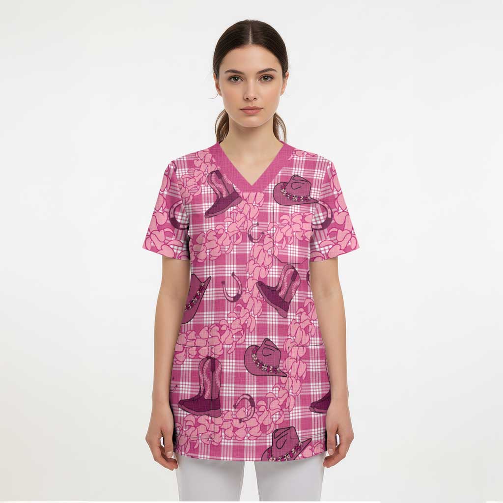 Pink Palaka Hawaii Cowboy Scrub Top Puakenikeni Lei Paniolo Papale Seamless Vibes - Polynesian Pride