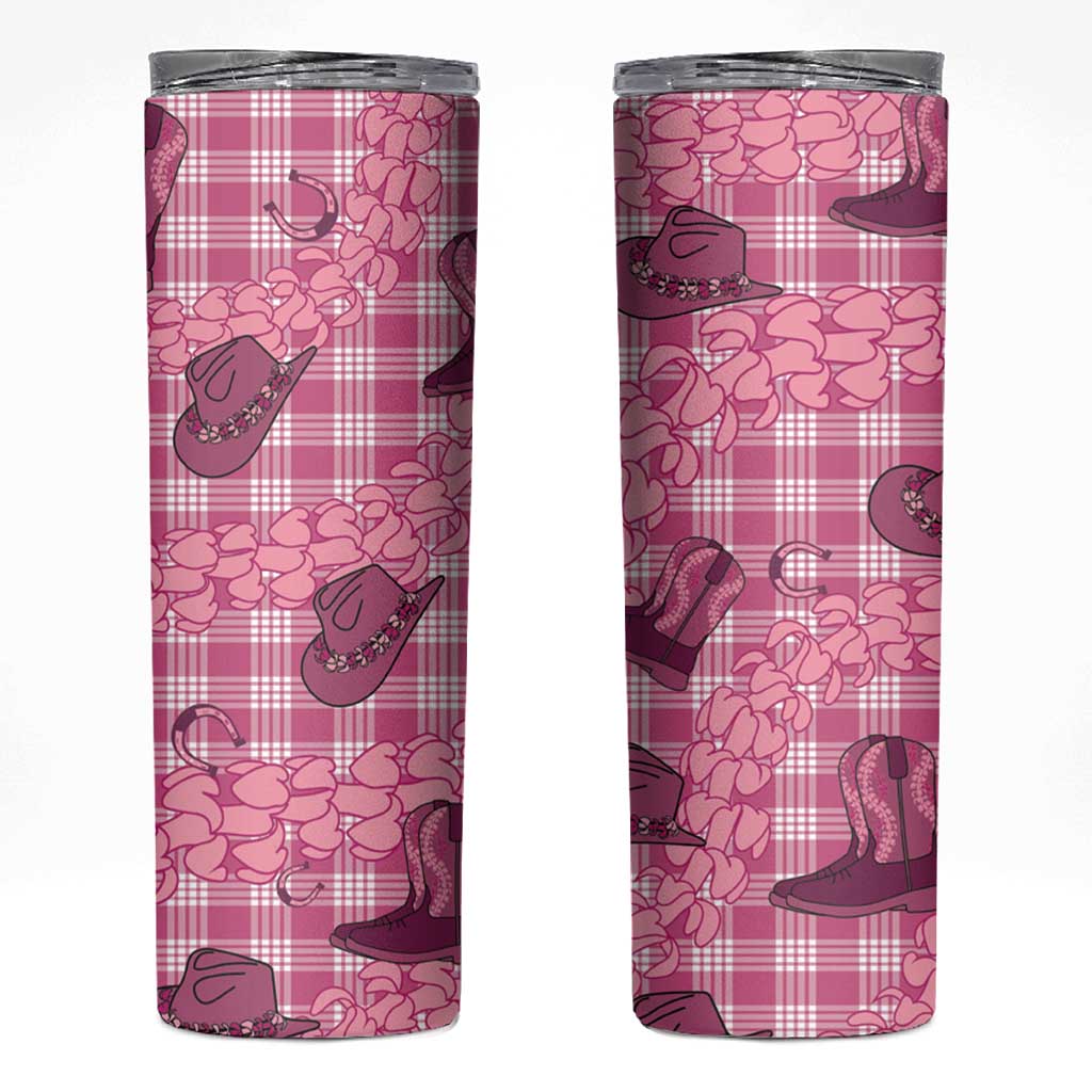 Pink Palaka Hawaii Cowboy Skinny Tumbler Puakenikeni Lei Paniolo Papale Seamless Vibes - Polynesian Pride