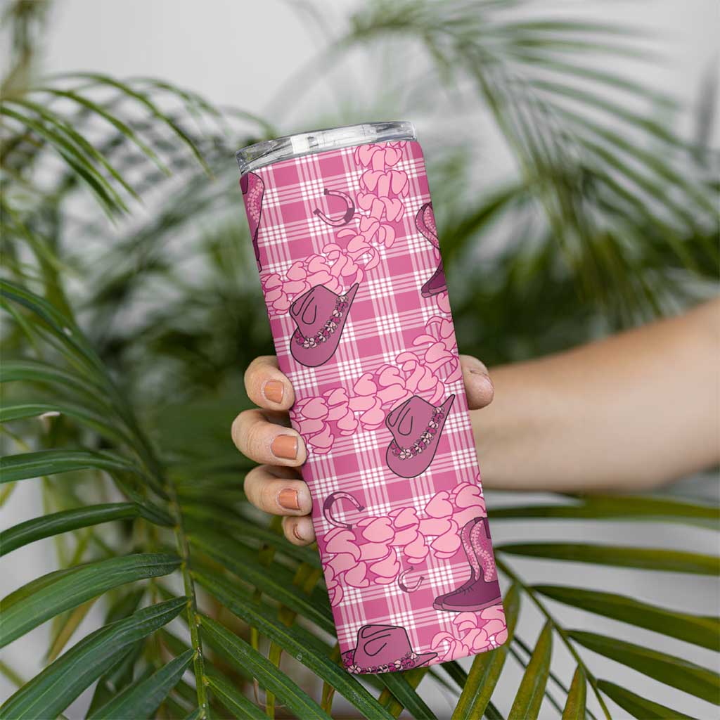 Pink Palaka Hawaii Cowboy Skinny Tumbler Puakenikeni Lei Paniolo Papale Seamless Vibes - Polynesian Pride
