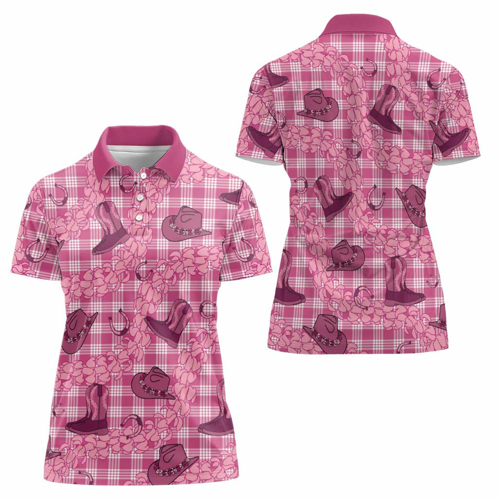 Pink Palaka Hawaii Cowboy Women Polo Shirt Puakenikeni Lei Paniolo Papale Seamless Vibes - Polynesian Pride