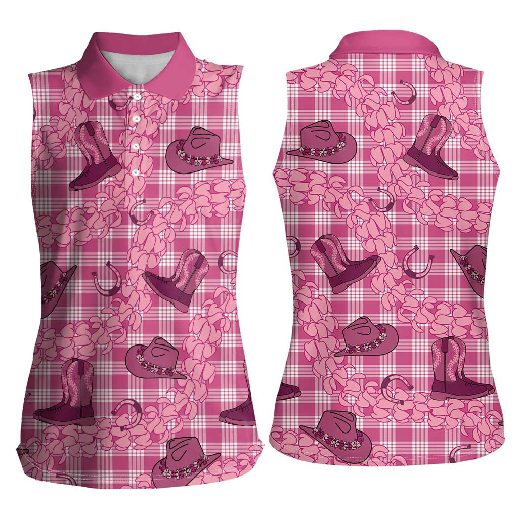Pink Palaka Hawaii Cowboy Women Sleeveless Polo Shirt Puakenikeni Lei Paniolo Papale Seamless Vibes - Polynesian Pride