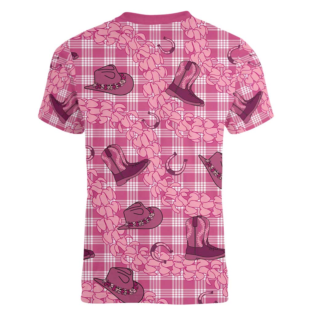 Pink Palaka Hawaii Cowboy Women V-Neck T-Shirt Puakenikeni Lei Paniolo Papale Seamless Vibes - Polynesian Pride