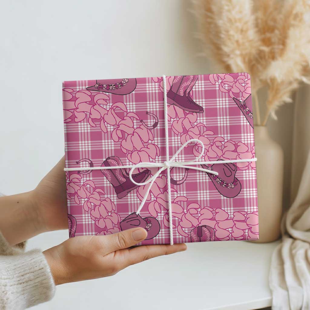 Pink Palaka Hawaii Cowboy Wrapping Paper Puakenikeni Lei Paniolo Papale Seamless Vibes - Polynesian Pride