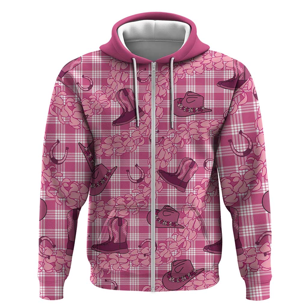 Pink Palaka Hawaii Cowboy Zip Hoodie Puakenikeni Lei Paniolo Papale Seamless Vibes - Polynesian Pride