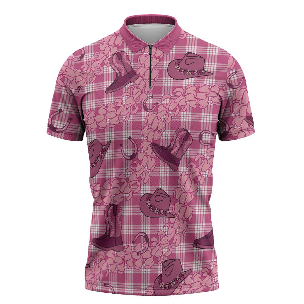 Pink Palaka Hawaii Cowboy Zipper Polo Shirt Puakenikeni Lei Paniolo Papale Seamless Vibes - Polynesian Pride
