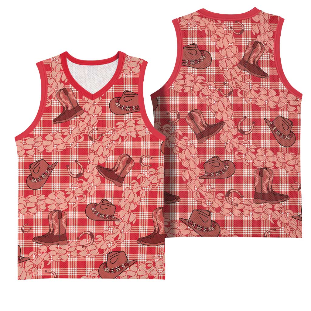 Red Palaka Hawaii Cowboy Basketball Jersey Puakenikeni Lei Paniolo Papale Seamless Vibes - Polynesian Pride