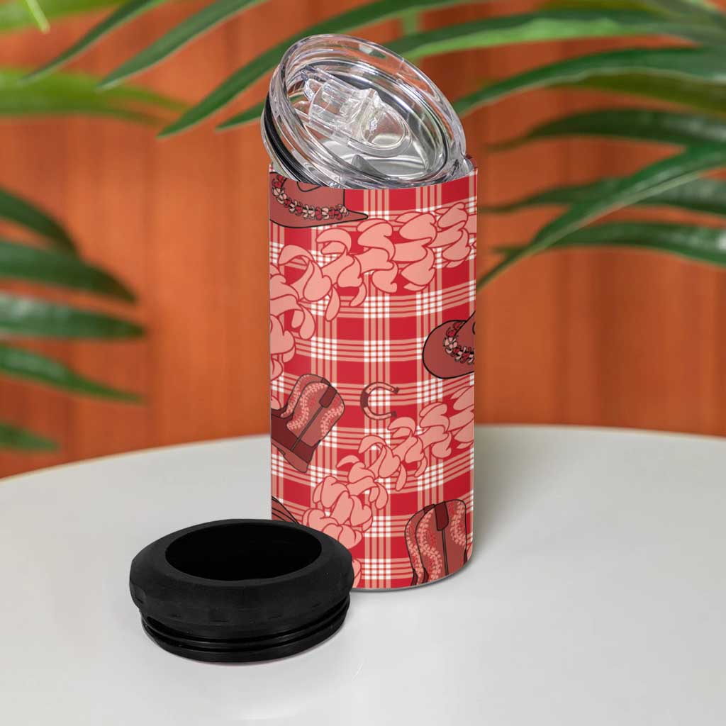 Red Palaka Hawaii Cowboy 4 in 1 Can Cooler Tumbler Puakenikeni Lei Paniolo Papale Seamless Vibes - Polynesian Pride