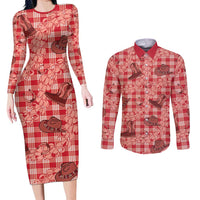 Red Palaka Hawaii Cowboy Couples Matching Long Sleeve Bodycon Dress and Long Sleeve Button Shirt Puakenikeni Lei Paniolo Papale Seamless Vibes LT14 Red - Polynesian Pride