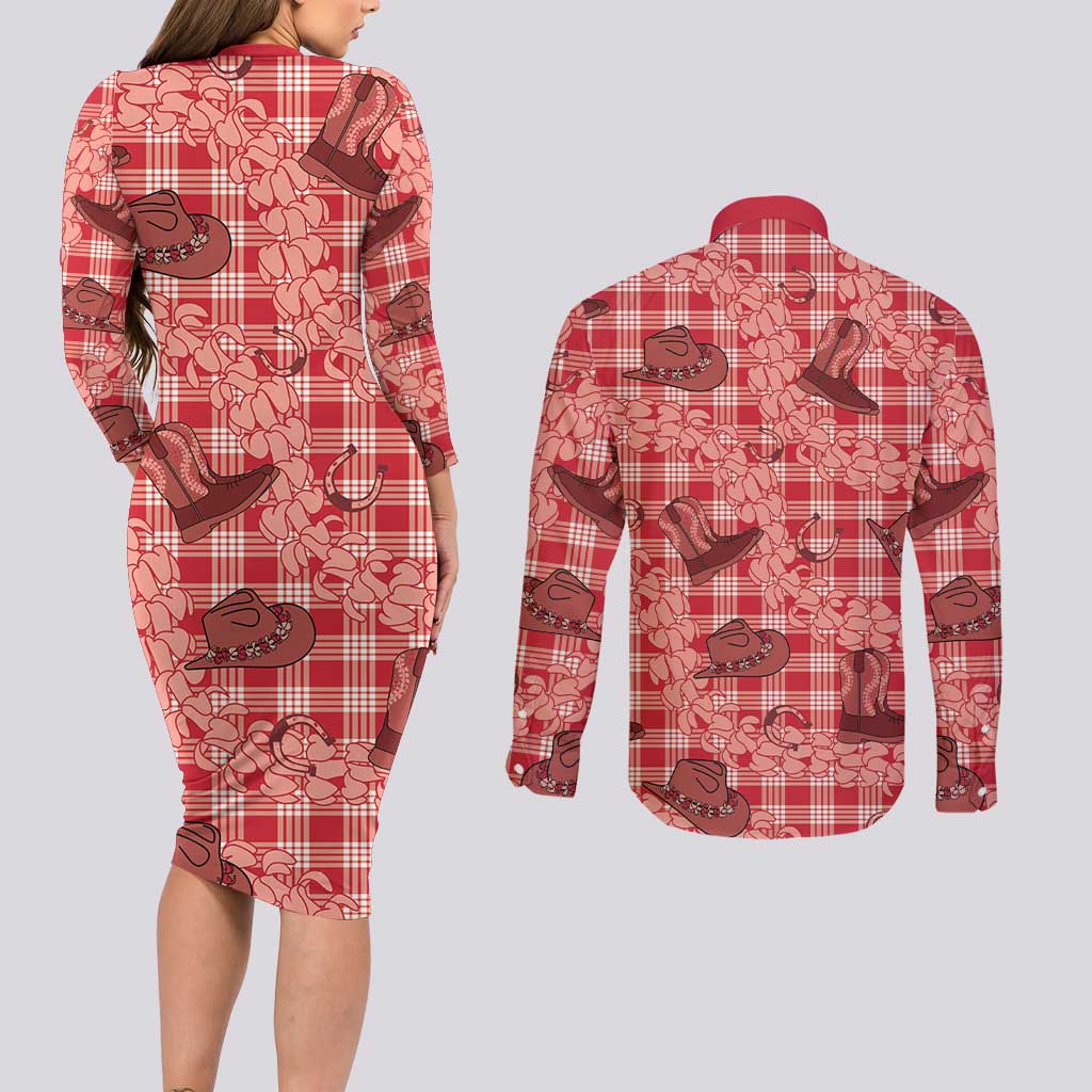 Red Palaka Hawaii Cowboy Couples Matching Long Sleeve Bodycon Dress and Long Sleeve Button Shirt Puakenikeni Lei Paniolo Papale Seamless Vibes LT14 - Polynesian Pride