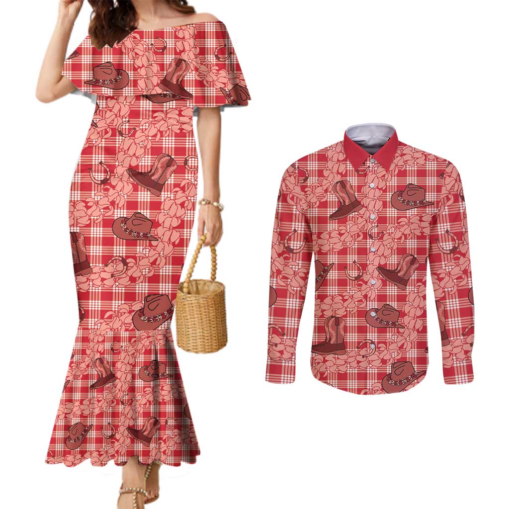 Red Palaka Hawaii Cowboy Couples Matching Mermaid Dress and Long Sleeve Button Shirt Puakenikeni Lei Paniolo Papale Seamless Vibes LT14 Red - Polynesian Pride