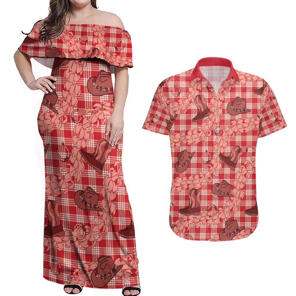 Red Palaka Hawaii Cowboy Couples Matching Off Shoulder Maxi Dress and Hawaiian Shirt Puakenikeni Lei Paniolo Papale Seamless Vibes LT14 Red - Polynesian Pride