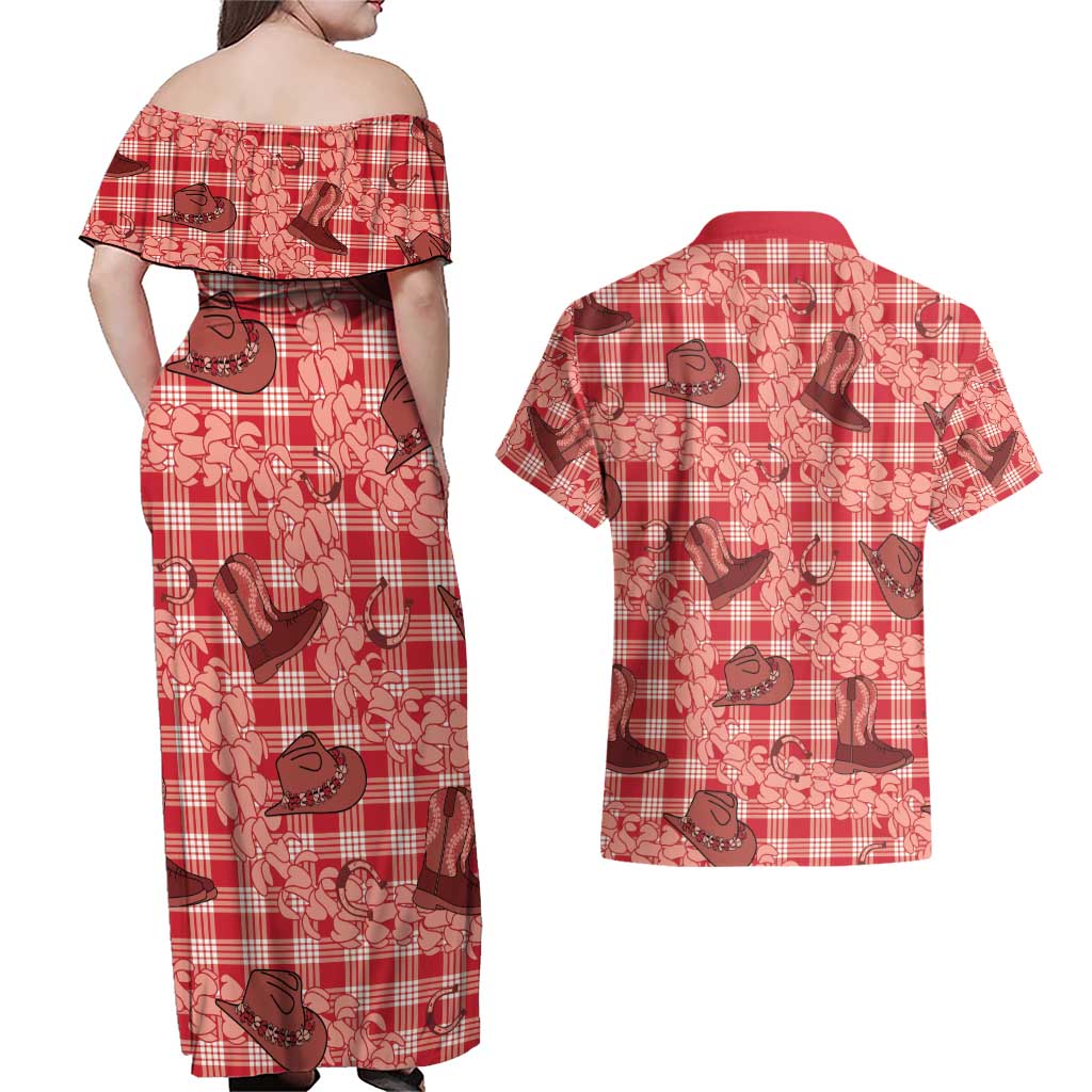 Red Palaka Hawaii Cowboy Couples Matching Off Shoulder Maxi Dress and Hawaiian Shirt Puakenikeni Lei Paniolo Papale Seamless Vibes LT14 - Polynesian Pride