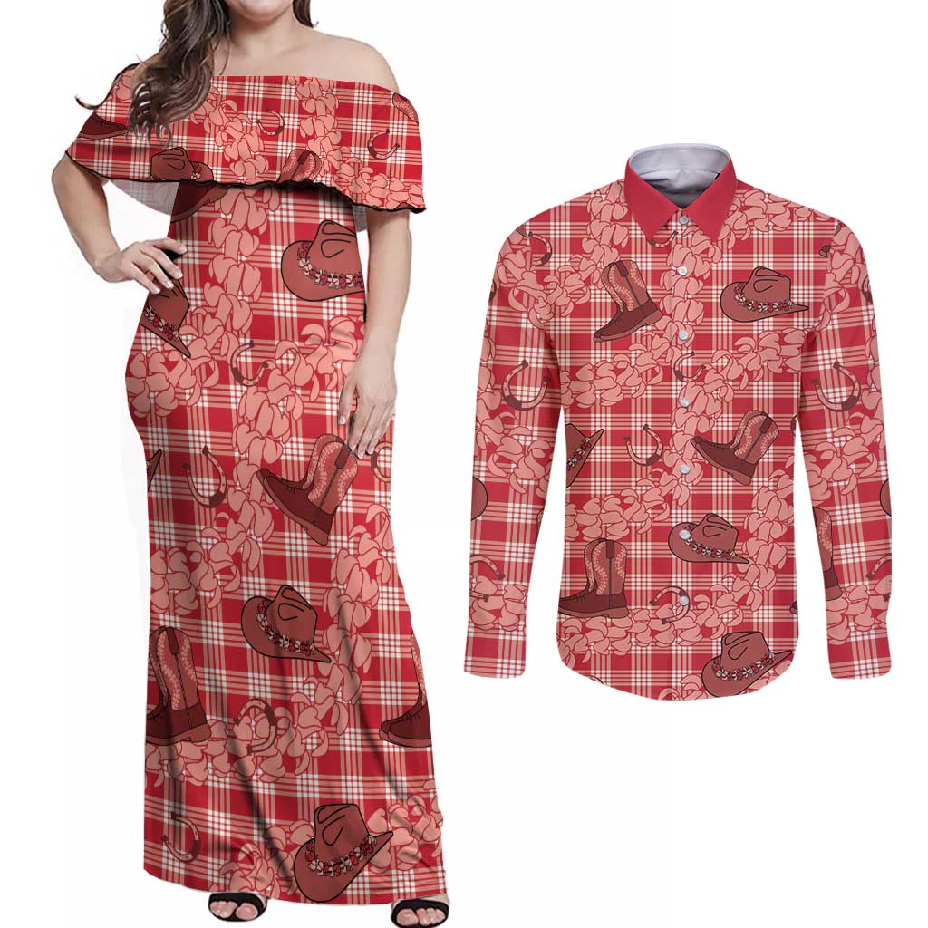 Red Palaka Hawaii Cowboy Couples Matching Off Shoulder Maxi Dress and Long Sleeve Button Shirt Puakenikeni Lei Paniolo Papale Seamless Vibes LT14 Red - Polynesian Pride