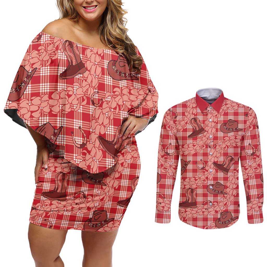 Red Palaka Hawaii Cowboy Couples Matching Off Shoulder Short Dress and Long Sleeve Button Shirt Puakenikeni Lei Paniolo Papale Seamless Vibes LT14 Red - Polynesian Pride