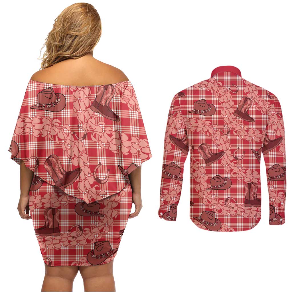 Red Palaka Hawaii Cowboy Couples Matching Off Shoulder Short Dress and Long Sleeve Button Shirt Puakenikeni Lei Paniolo Papale Seamless Vibes LT14 - Polynesian Pride