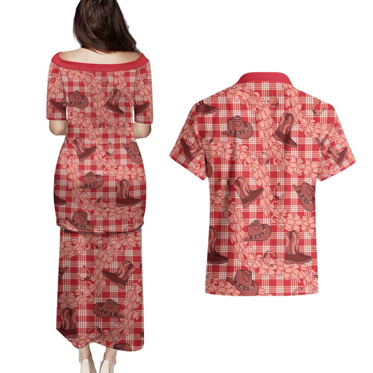 Red Palaka Hawaii Cowboy Couples Matching Puletasi and Hawaiian Shirt Puakenikeni Lei Paniolo Papale Seamless Vibes LT14 - Polynesian Pride