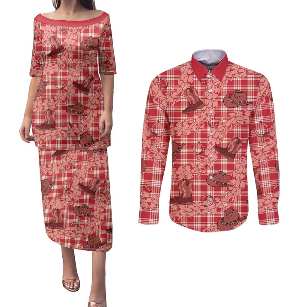 Red Palaka Hawaii Cowboy Couples Matching Puletasi and Long Sleeve Button Shirt Puakenikeni Lei Paniolo Papale Seamless Vibes - Polynesian Pride
