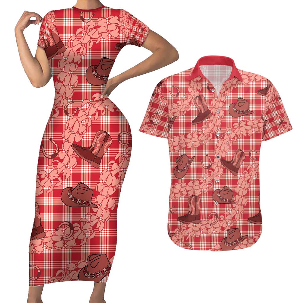 Red Palaka Hawaii Cowboy Couples Matching Short Sleeve Bodycon Dress and Hawaiian Shirt Puakenikeni Lei Paniolo Papale Seamless Vibes - Polynesian Pride