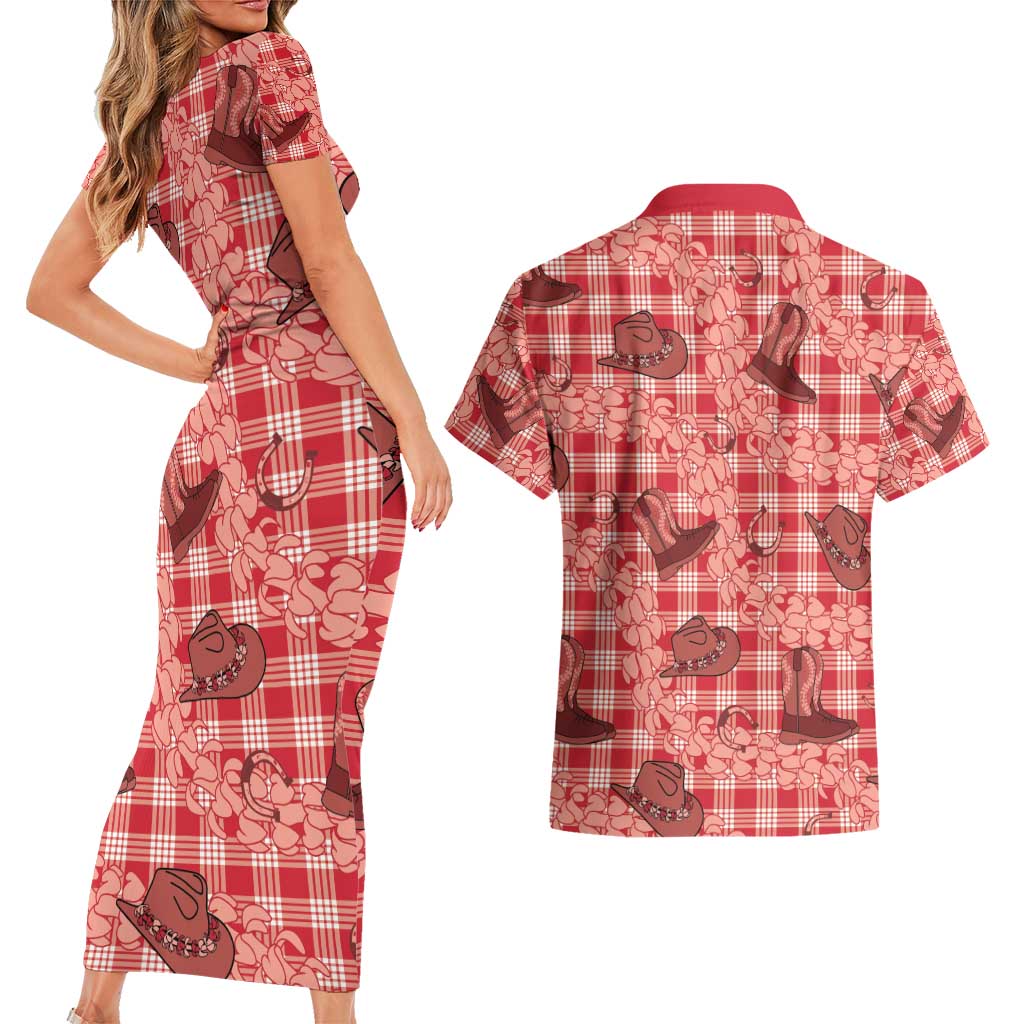 Red Palaka Hawaii Cowboy Couples Matching Short Sleeve Bodycon Dress and Hawaiian Shirt Puakenikeni Lei Paniolo Papale Seamless Vibes LT14 - Polynesian Pride