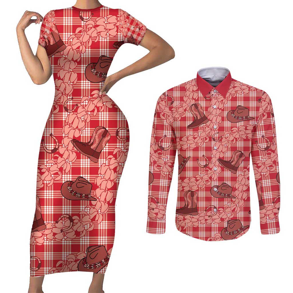 Red Palaka Hawaii Cowboy Couples Matching Short Sleeve Bodycon Dress and Long Sleeve Button Shirt Puakenikeni Lei Paniolo Papale Seamless Vibes LT14 Red - Polynesian Pride