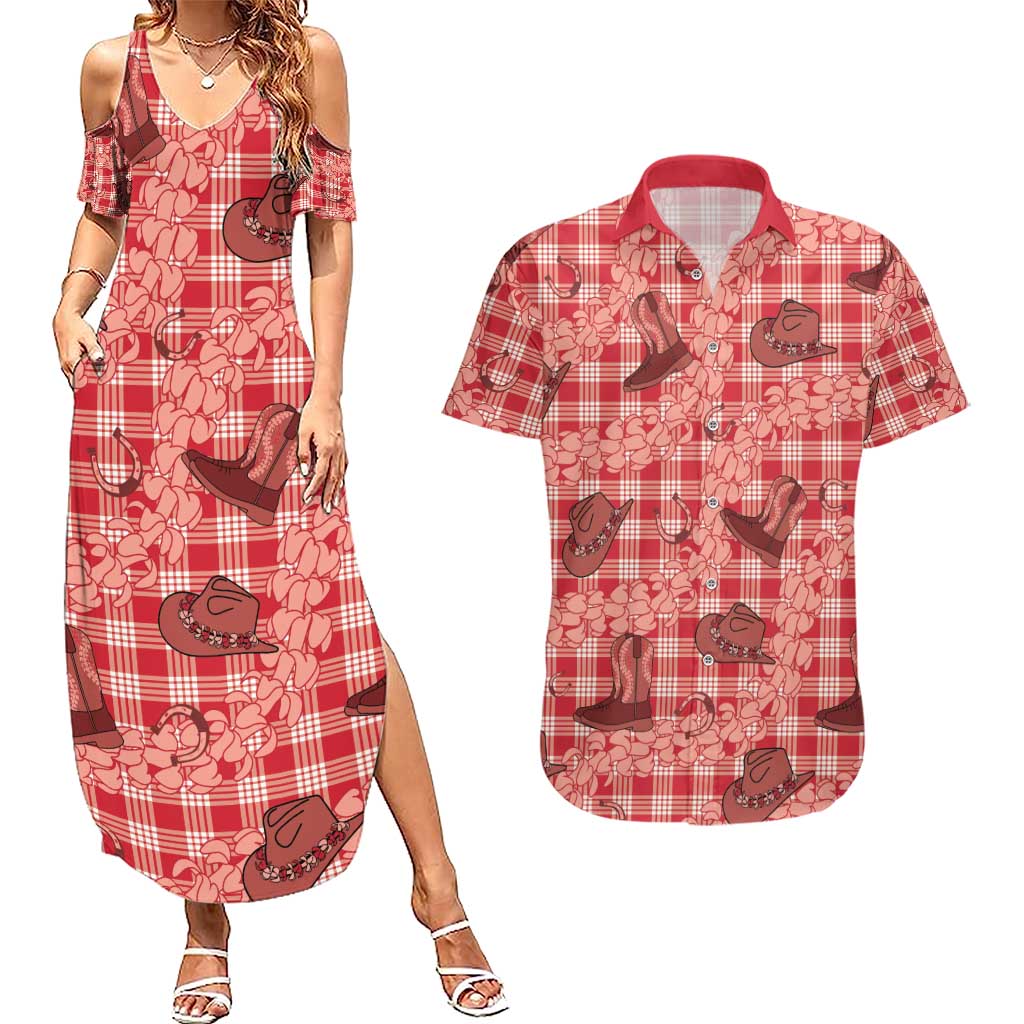 Red Palaka Hawaii Cowboy Couples Matching Summer Maxi Dress and Hawaiian Shirt Puakenikeni Lei Paniolo Papale Seamless Vibes LT14 Red - Polynesian Pride