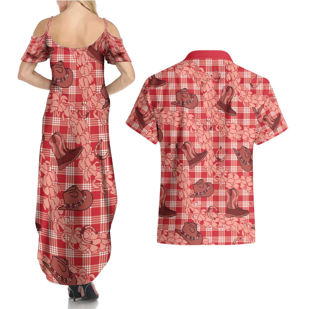 Red Palaka Hawaii Cowboy Couples Matching Summer Maxi Dress and Hawaiian Shirt Puakenikeni Lei Paniolo Papale Seamless Vibes LT14 - Polynesian Pride