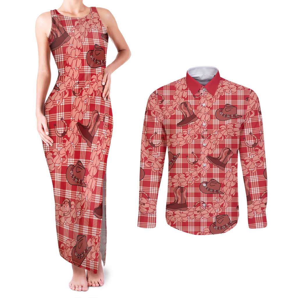 Red Palaka Hawaii Cowboy Couples Matching Tank Maxi Dress and Long Sleeve Button Shirt Puakenikeni Lei Paniolo Papale Seamless Vibes - Polynesian Pride
