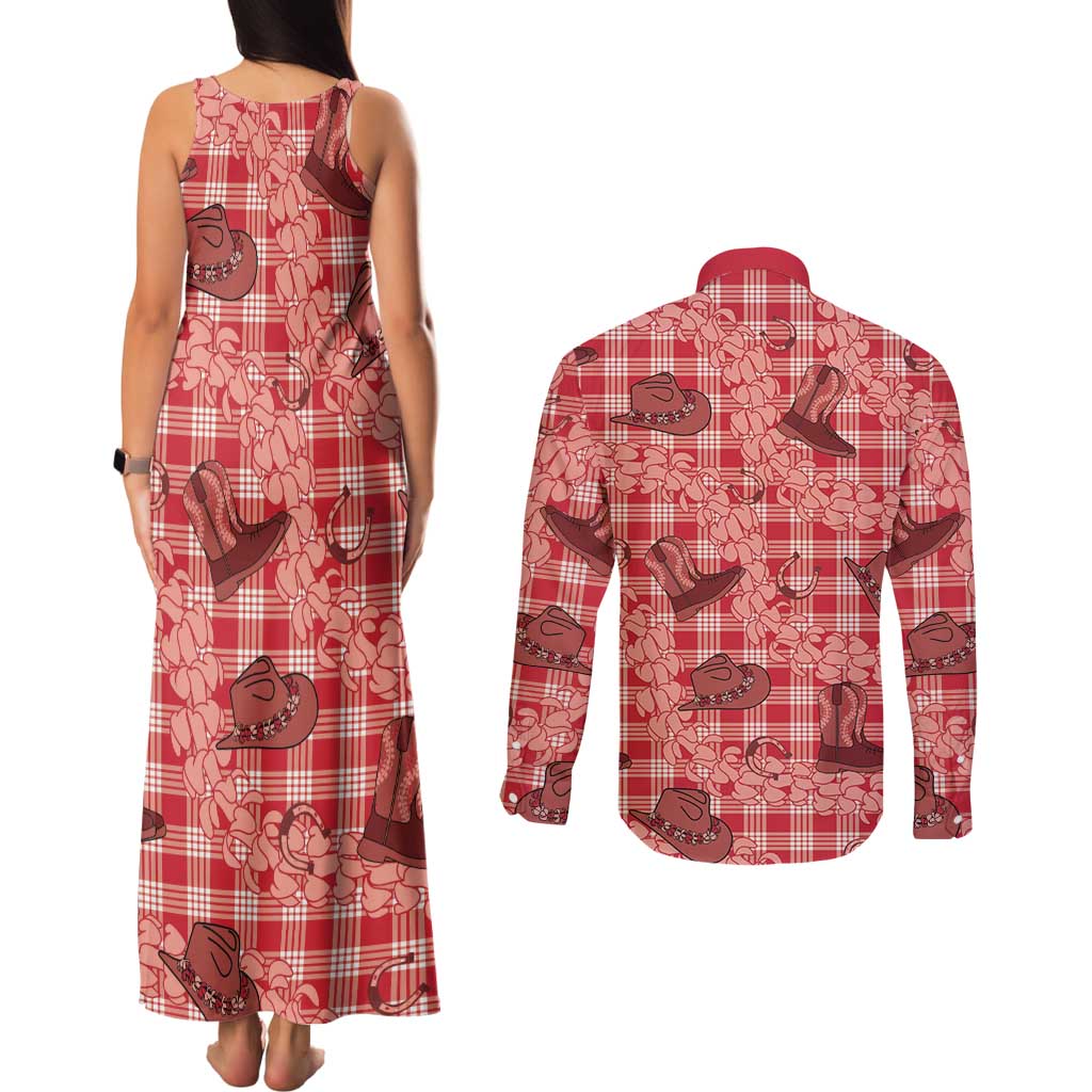 Red Palaka Hawaii Cowboy Couples Matching Tank Maxi Dress and Long Sleeve Button Shirt Puakenikeni Lei Paniolo Papale Seamless Vibes LT14 - Polynesian Pride