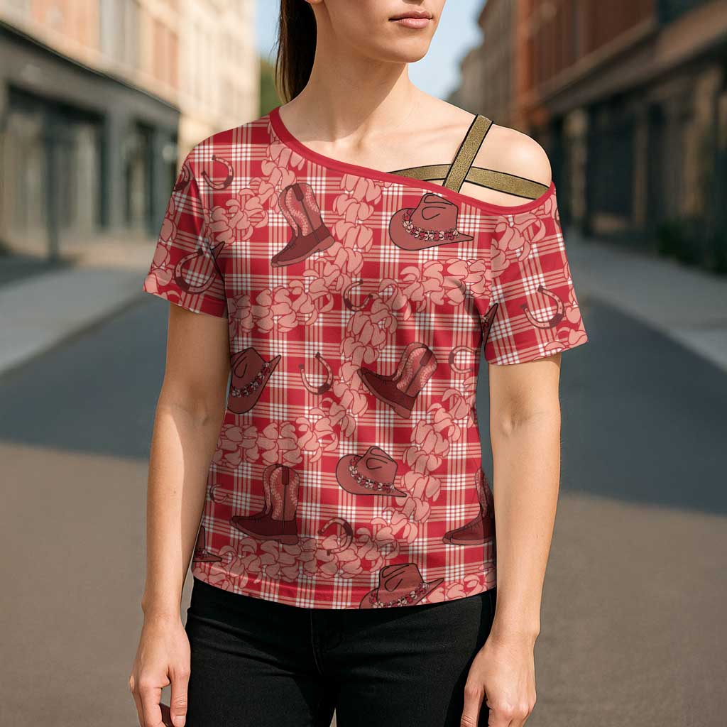Red Palaka Hawaii Cowboy Cross Shoulder Shirt Puakenikeni Lei Paniolo Papale Seamless Vibes - Polynesian Pride