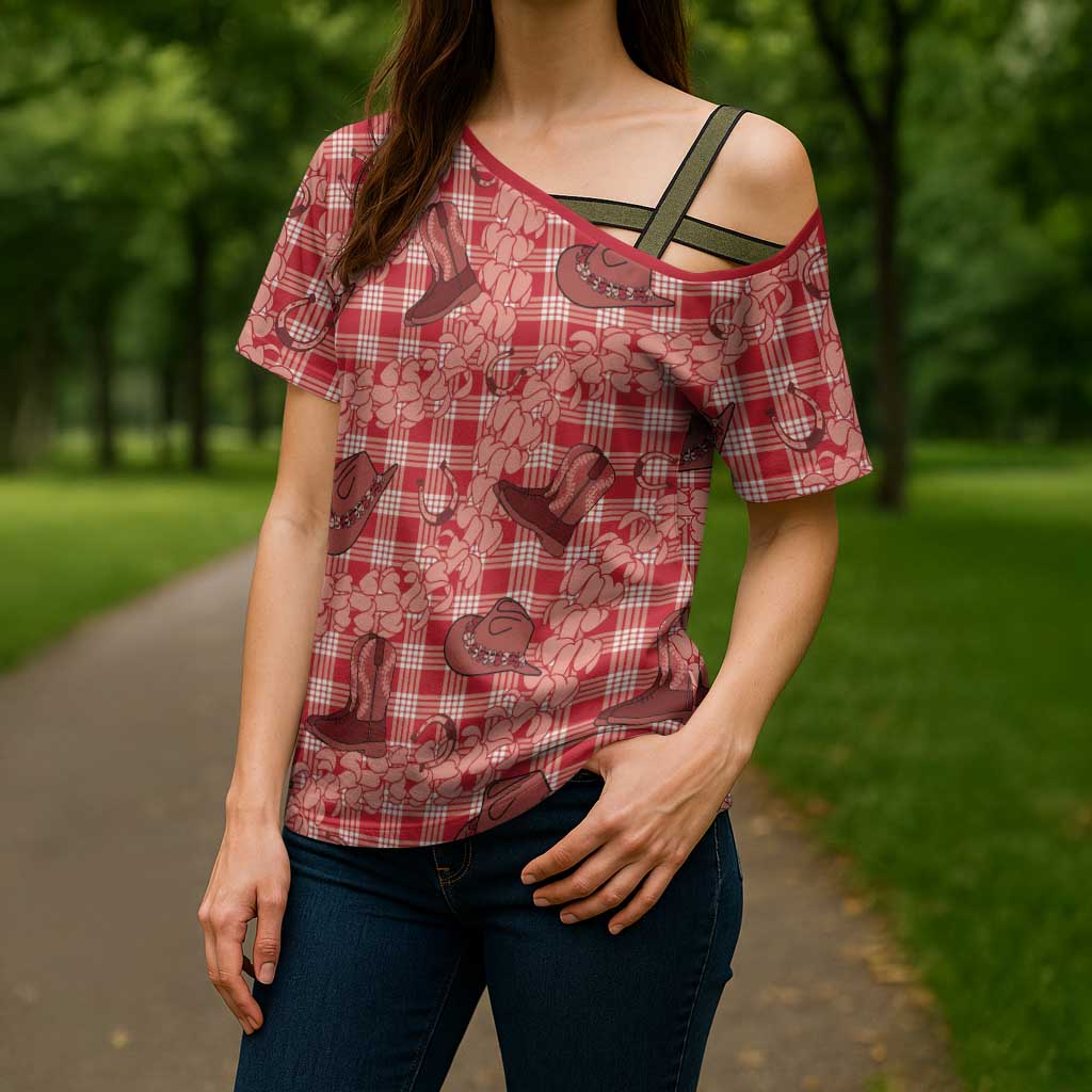 Red Palaka Hawaii Cowboy Cross Shoulder Shirt Puakenikeni Lei Paniolo Papale Seamless Vibes - Polynesian Pride