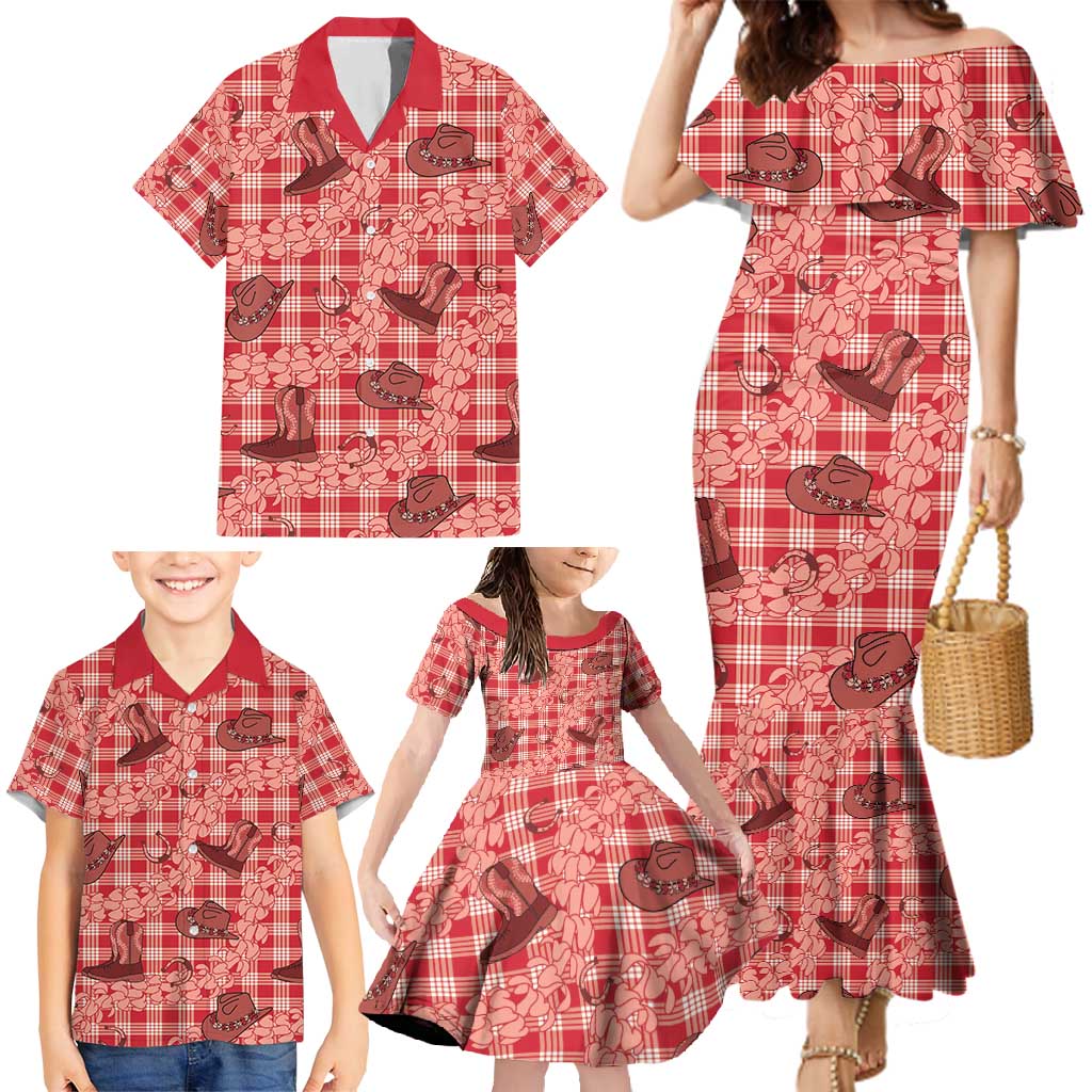 Red Palaka Hawaii Cowboy Family Matching Mermaid Dress and Hawaiian Shirt Puakenikeni Lei Paniolo Papale Seamless Vibes - Polynesian Pride