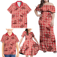 Red Palaka Hawaii Cowboy Family Matching Off Shoulder Maxi Dress and Hawaiian Shirt Puakenikeni Lei Paniolo Papale Seamless Vibes LT14 - Polynesian Pride