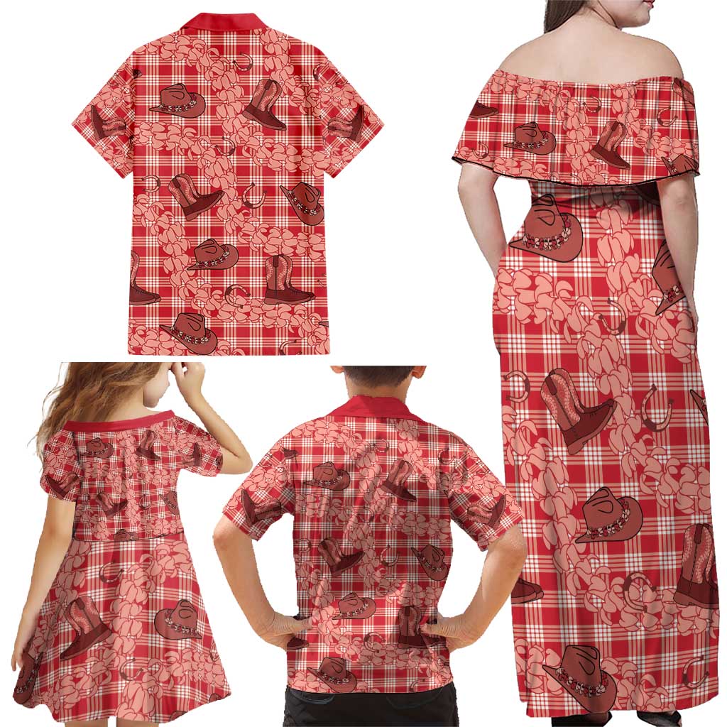 Red Palaka Hawaii Cowboy Family Matching Off Shoulder Maxi Dress and Hawaiian Shirt Puakenikeni Lei Paniolo Papale Seamless Vibes LT14 - Polynesian Pride
